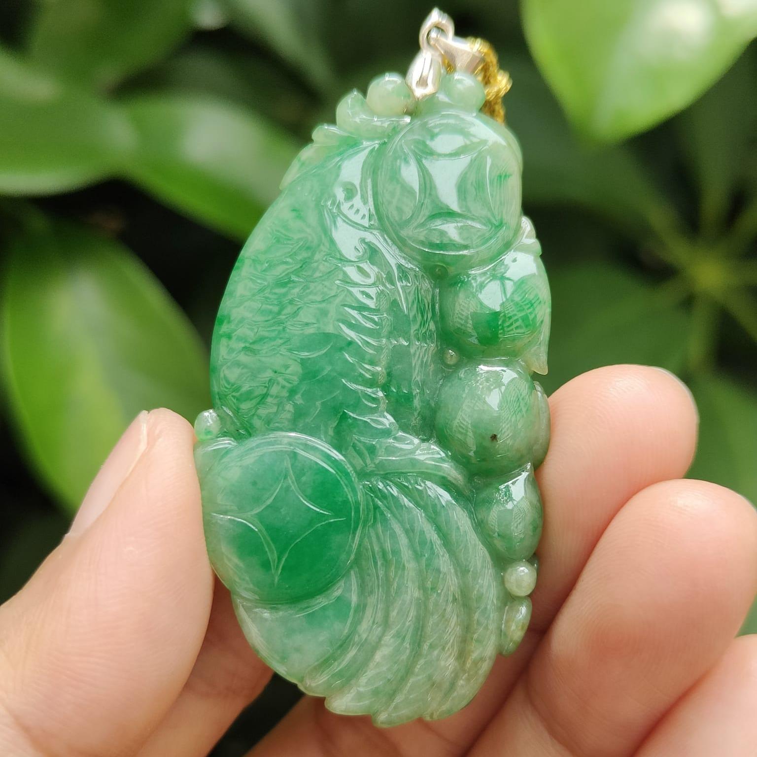 Green Natural Type A Jadeite Jade crafted with Parrot with Ruyi and Coin as Pendant, ceritificate weighs 22.55 grams, measurement 54.6 * 30 * 9.2 mm (pendant332) Yi Pin Qian Jadeites Jade Jewelry ~Your Precious Quintessential ~ Singapore