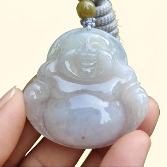 Quality Semi Translucent Natural Type A Jadeite Jade crafted as Milo Buddha as Pendant, certificate weighs 12.57 grams, measurement 37.5 * 38.9 * 6.3 mm (pendant275) Yi Pin Qian