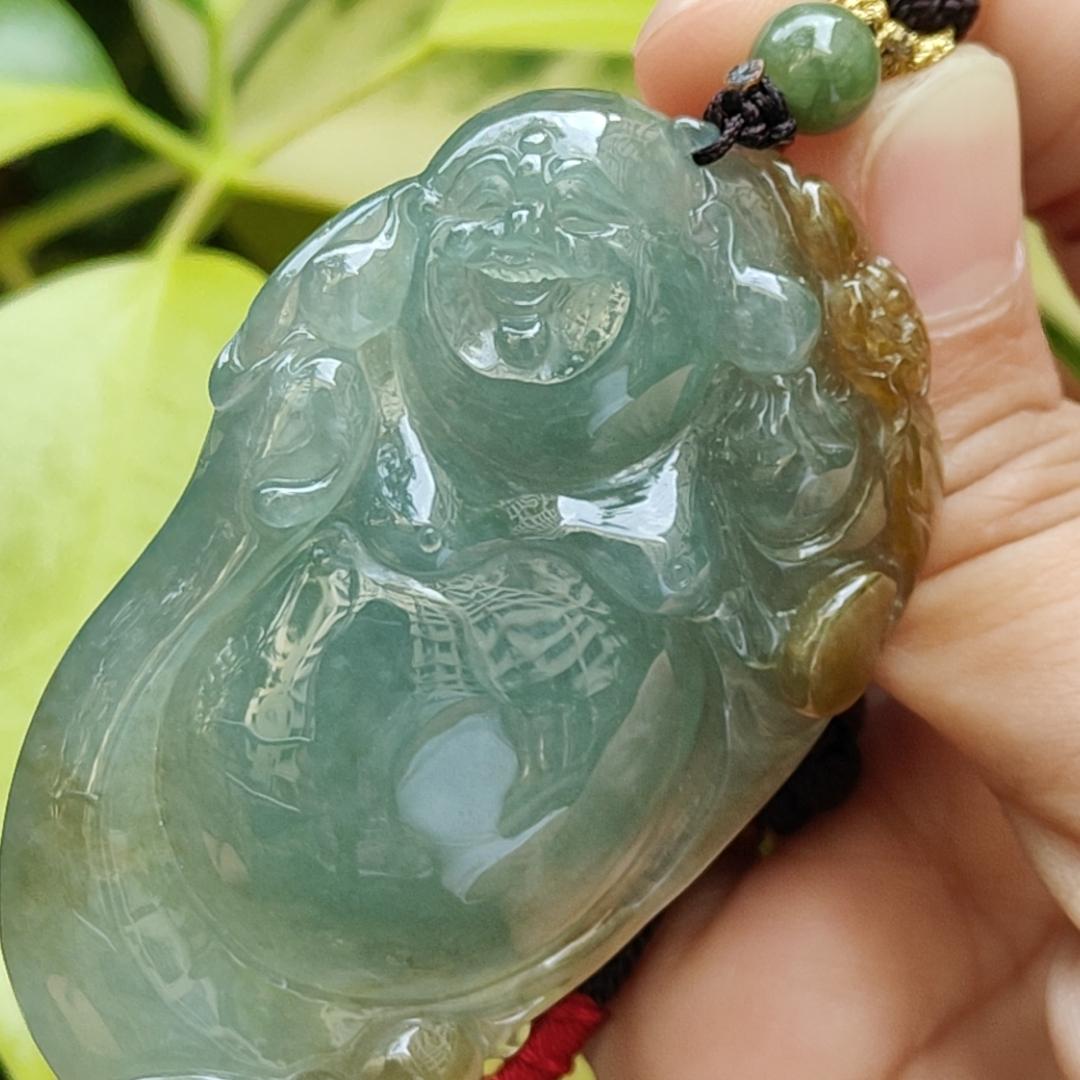 New Arrival Singapore - High Quality Green with Yellow Crafted as Milo Buddha on Natural Type A Jadeite Jade as Pendant with certificate weighs 41.79 grams, measurement 63.2 * 39.9 * 10.7 mm (pendant323) Yi Pin Qian Jadeites Jade Jewelry ~Your Precious Quintessential ~ Singapore