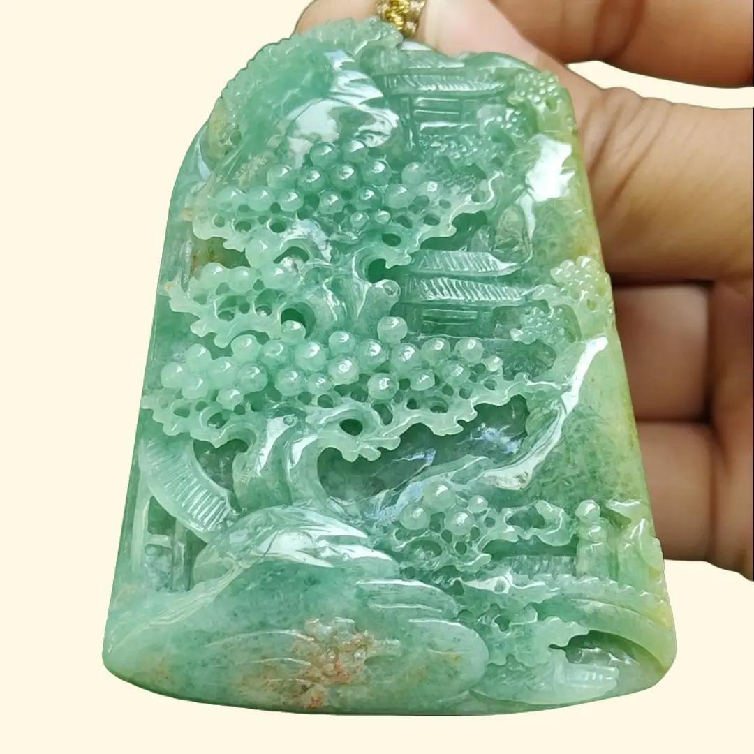 Big Jadeite-Jade, Green with Brown Natural Type A crafted with Sceneries as Pendant, Good for Fengshui, certificate weighs 76.47 grams, measurement 67.6 * 50 * 10.8 mm (pendant305) Yi Pin Qian Jadeites Jade Jewelry ~Your Precious Quintessential ~ Singapore