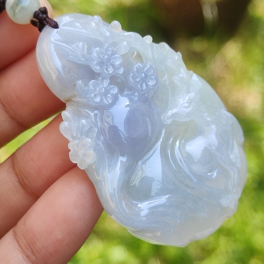 A Lavender with spread of brown and green patches Natural Type A Jadeite Jade Pendant Crafted with deer and flower, certificate weigh 24.4 grams, measurement 51.5 * 33.7 * 7.8 mm (pendant192)1 Yi Pin Qian