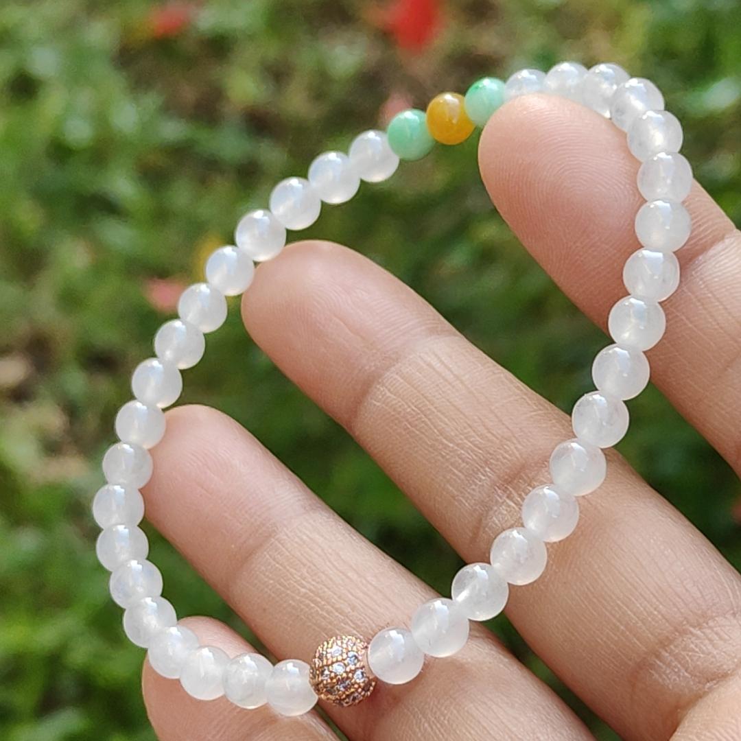 Icy Translucent beads, mix with 2 green 1 yellow Natural Type A Jadeite Bracelet, total of 38 beads with QIC labs approved certificate weigh 8.43 grams, measurement 4.8 mm, a stunning collection for your daily wear (bracelet3) Yi Pin Qian
