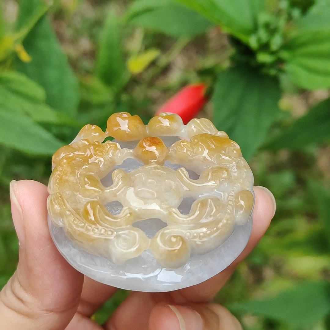 Yellow and Purple with some spreads of red patches Natural Type A Jadeite Pendant Necklace crafted with double pixiu, coin and bat boosting your luck, money and blessing, certificate included weigh 41.87 grams, 45 * 44.9 * 13 mm Yi Pin Qian