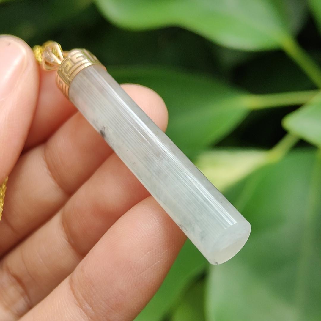 Good Translucent Icy Natural Type-A Jadeite-Jade crafted with shape of cylindrical set with 18k gold clasp as Pendant, certificate weighs 6.96 grams, measurement 43.8 * 8.1 * 7.1 mm (18kp64) Yi Pin Qian Jadeites Jade Jewelry ~Your Precious Quintessential ~ Singapore