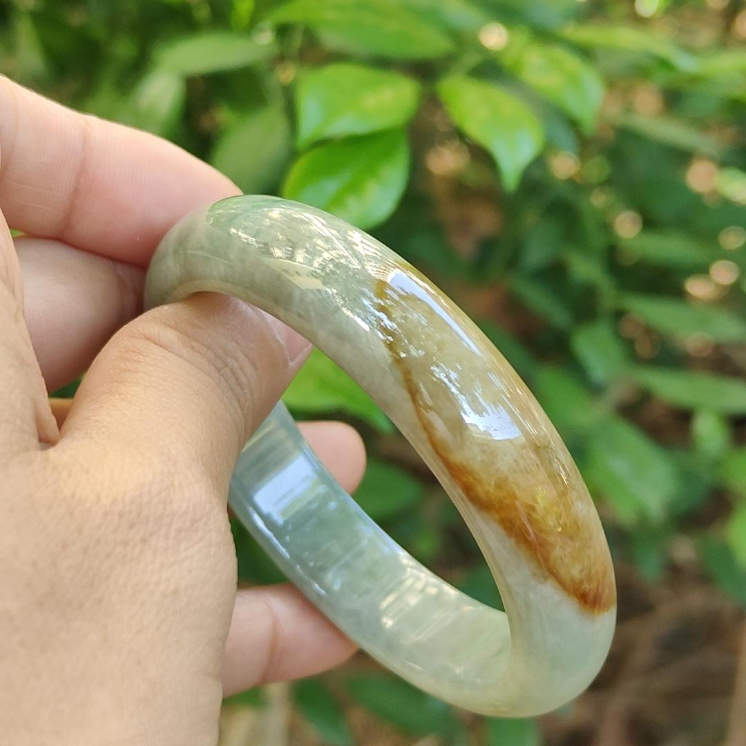 53.5 mm Light Green with Brown Patch Quality Burma Natural Type A Jadeite Jade crafted as Peace Bangle, certificate weighs 50.76 grams, Width: 13 mm Thickness: 7.6 mm (bangle16) Yi Pin Qian Jadeites Jade Jewelry ~Your Precious Quintessential ~ Singapore