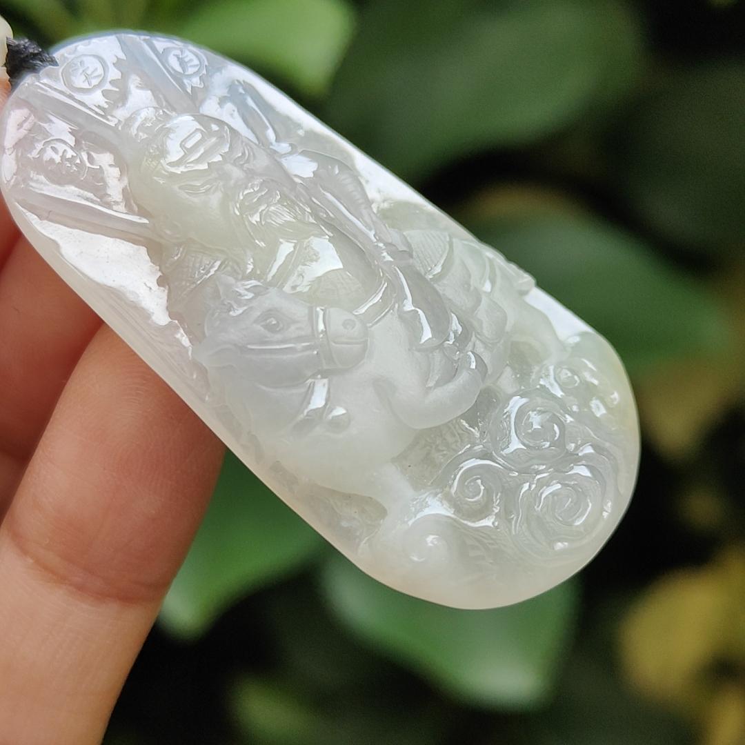 Crafted as Guan Gong Riding Horse on Natural Type A Jadeite Jade as Pendant - SG Ready Stocks - certificate weighs 14.54 grams, measurement 48.7 * 25.1 * 6.7 mm (pendant328) Yi Pin Qian Jadeites Jade Jewelry ~Your Precious Quintessential ~ Singapore