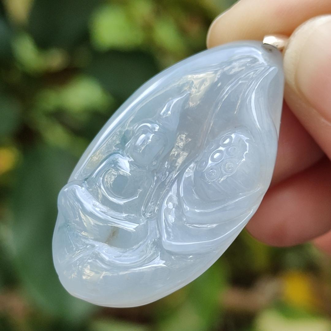 This High-Quality Light lavender with Light Green Natural Jadeite Jade crafted with faceless buddha as pendant certificate weighs 12.04 grams, measurement 41.7 * 23.5 * 6.8 mm (pendant338) Yi Pin Qian Jadeites Jade Jewelry ~Your Precious Quintessential ~ Singapore