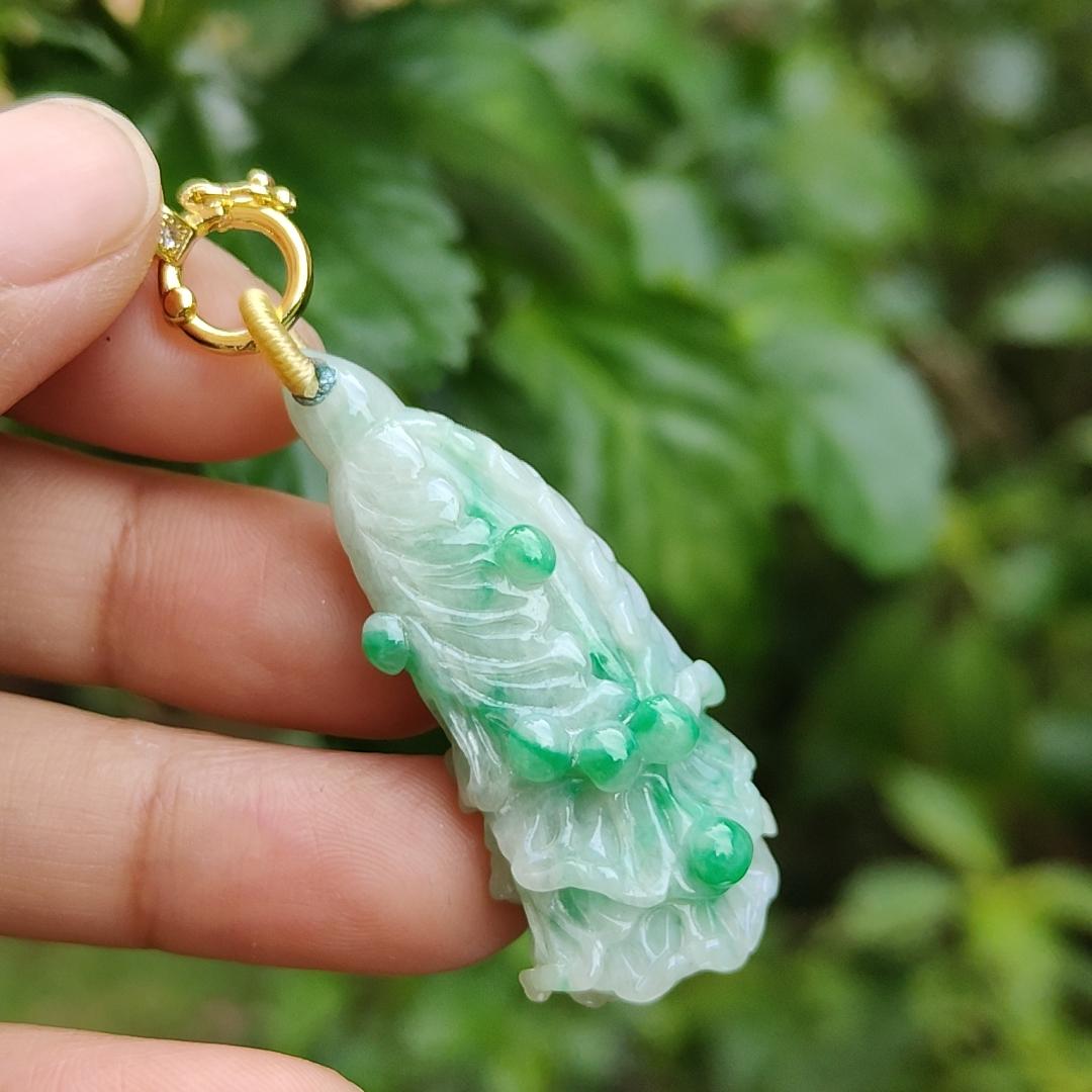 Rare Translucent Near White with Green Patches Natural Type A Jadeite pendant with NGI Gemstone report weight 72.19 grams, 44.87 * 20.83 * 14.52 mm carved as cabbage, with Gravity at 3.33 fine grain crystal aggregate suitable for daily wear (pendant127) Yi Pin Qian