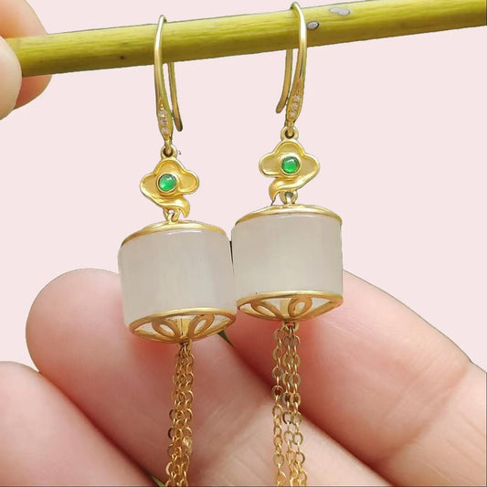 Harmony Cylinder Earrings – White Jadeite, 18K Gold & Five Elements Balance (Certified GD2202H003324 Sku: 18k11) Yi Pin Qian Jadeites Jade Jewelry ~Your Precious Quintessential ~ Singapore