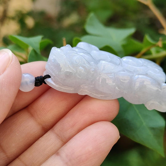 Light Lavender Natural Type A Jadeite Pendant carved as Pixiu with ruyi symbols of Joy and good luck, certificate included weigh 26.95 grams, 45.8 * 23.8 * 12.8 mm, suitable for daily wear boosting your luck (pendant75) Yi Pin Qian