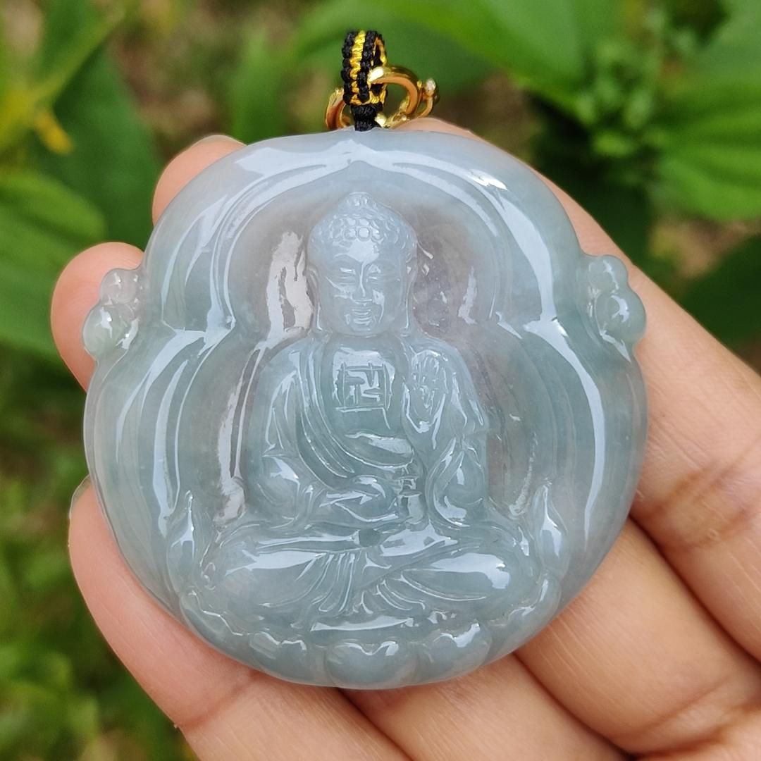 Semi Icy Bluish Green Hue Natural Type A Jadeite Pendant Crafted as Buddha with certificate included weigh 26.65 grams, 48.3 * 48.9 * 7 mm, suitable for daily wear Yi Pin Qian