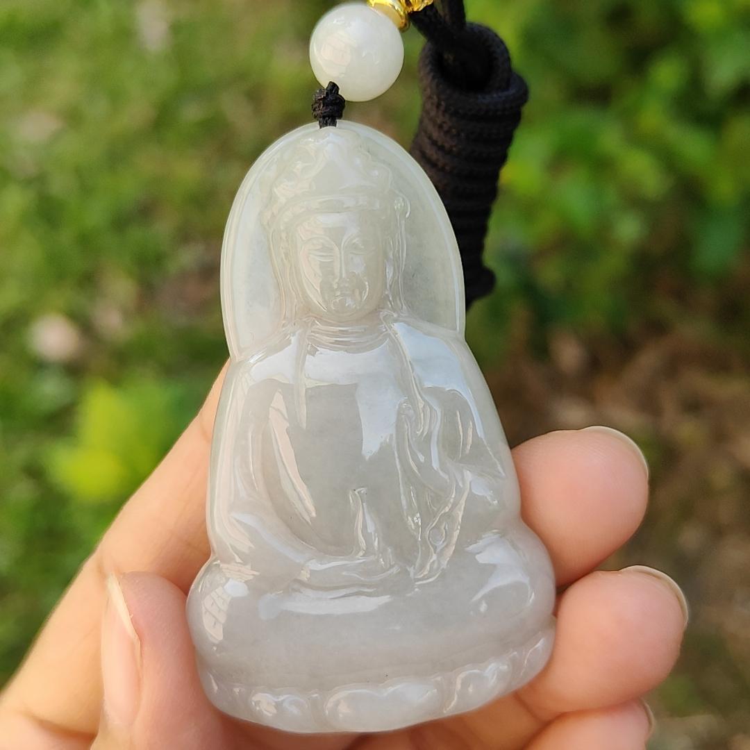Semi Icy Natural Type A Jadeite Pendant carved as Guanyin with certificate weighs 23.87 grams, 60.3 * 37.1 * 6.2 mm, represents Compassion, wisdom and peace, suitable for daily wear (pendant83) Yi Pin Qian