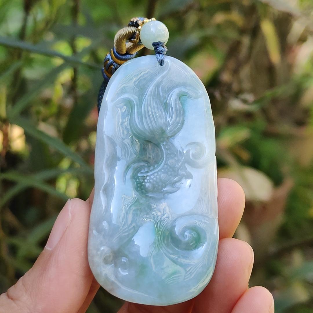 Blueish Green Natural Type A Jadeite Pendant Necklace crafted with Dragon and Fengshui Wheel, with QIC approved certificate weigh 39.57 grams, 58 * 29.8 * 12.6 mm, suitable for daily wear (pendant61) Yi Pin Qian