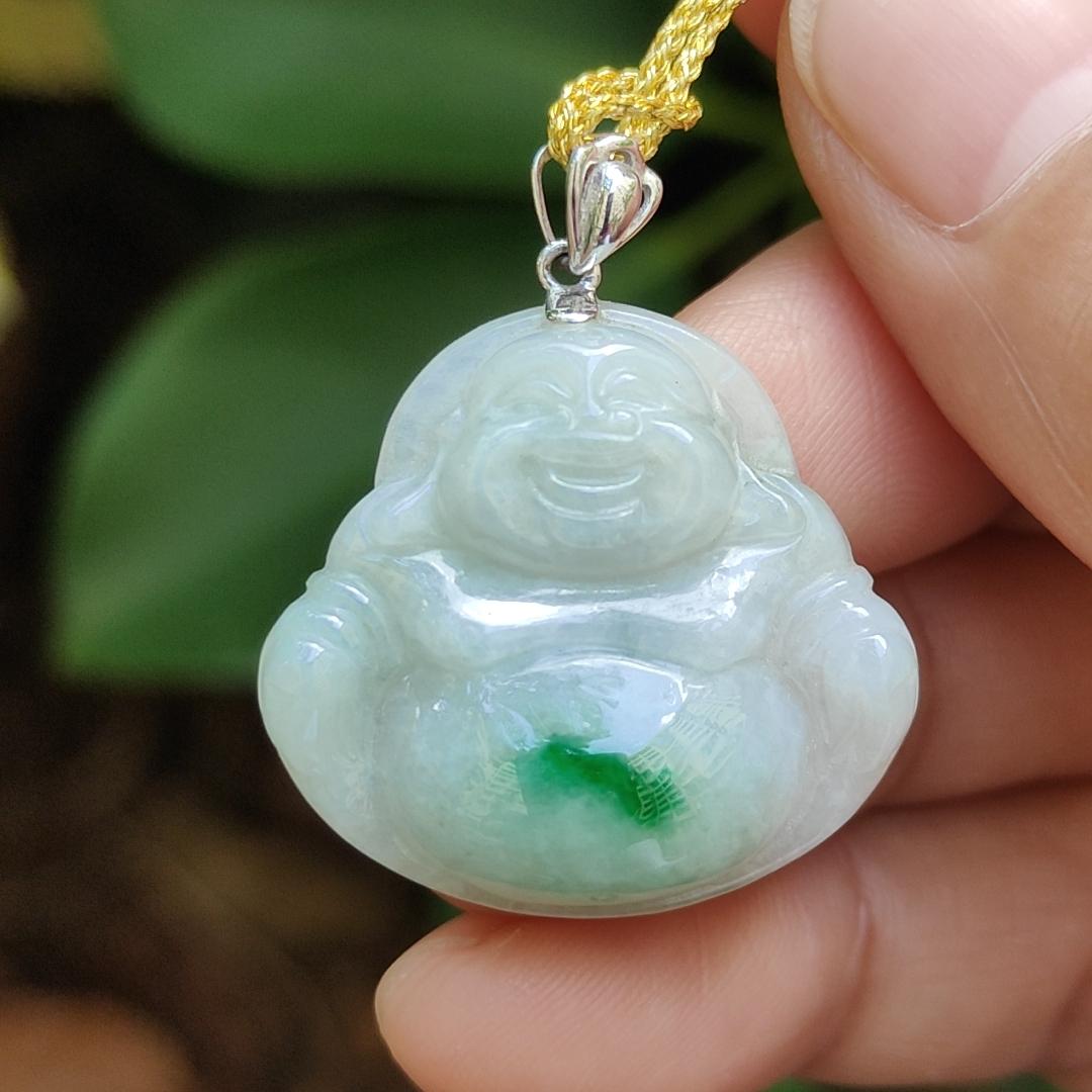 18k Gold Crasp added for Pendant crafted as Milo Buddha with Green Patch Natural Type A Jadeite Jade, certificate weighs 5.01 grams, measurement 24.3 * 25.8 * 5.8 mm (18kp73) Yi Pin Qian Jadeites Jade Jewelry ~Your Precious Quintessential ~ Singapore