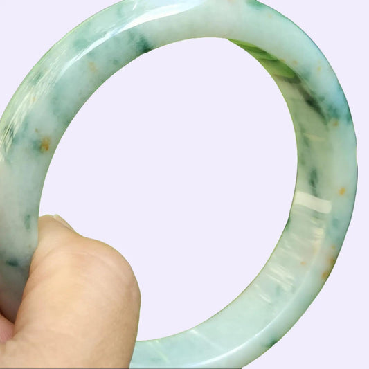 60.8 mm Light Green with Green Patches and Golden Yellow Patches Peace Bangle Natural Type A Jadeite Jade, certificate weighs 63.55 Width 13.5 Thickness 8mm (bangle29) Yi Pin Qian Jadeites Jade Jewelry ~Your Precious Quintessential ~ Singapore
