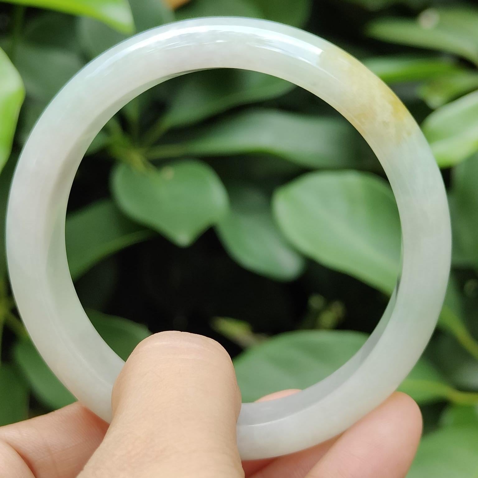 57.8mm, Width 13.7 * Thickness 7.8 mm Peace Bangle Light Green Hue with Brownish Yellow Natural Type A Jadeite Jade certificate weighs 59.44 grams (bangle20) Yi Pin Qian Jadeites Jade Jewelry ~Your Precious Quintessential ~ Singapore