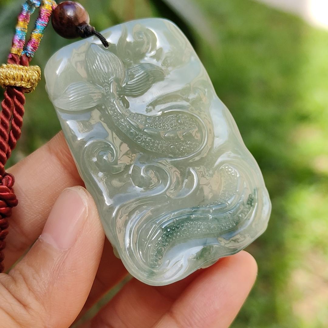 Premium Full Green with Green patches Rare Natural Type A Jadeite Jade Pendant Necklace Crafted as Dragon with certificate weigh 40.07 grams, 53.6 * 36 * 12.3 mm (pendant168) Yi Pin Qian