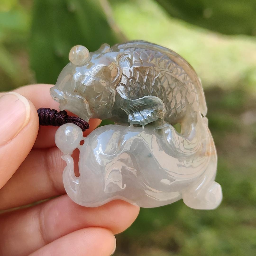 Round Sculpture Natural Type A Jadeite Pendant Necklace crafted as goldfish with light green and brown, symbols of Rich and auspicious, certificate included weigh 27.45 grams, 37.3 * 41.7 * 11.3 mm, very unique and rare for your collections (pendant33) Yi Pin Qian