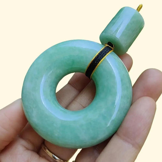 Hugh Light Green crafted with Shape of Donut and Cylinder Natural Type A Jadeite Jade as Pendant, certificate weighs 73.85 and 12.55 grams, measurements 52.8 * 52.7 * 14.3, 19.1 * 16.3 mm (pendant290) Yi Pin Qian