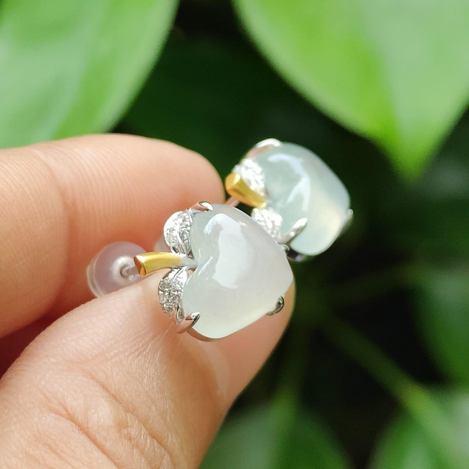 Heart Shape Icy Translucent Natural Type A Jadeite Jade Cabochons design as Apple shape with 18k stud earrings, certificate weighs 2.65 grams (18k06) Yi Pin Qian Jadeites Jade Jewelry ~Your Precious Quintessential ~ Singapore