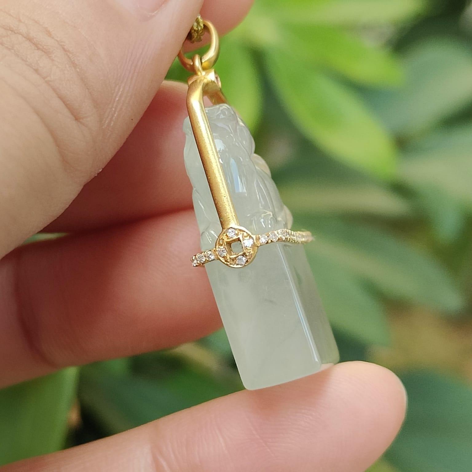 Beautifully Crafted Pixiu Stamp Pendant on Icy Translucent Natural Type A Jadeite Jade set with 18k certificate weighs 6.95 grams, measurement 33.9 * 16.6 * 8.5 mm (18kp100) Yi Pin Qian Jadeites Jade Jewelry ~Your Precious Quintessential ~ Singapore