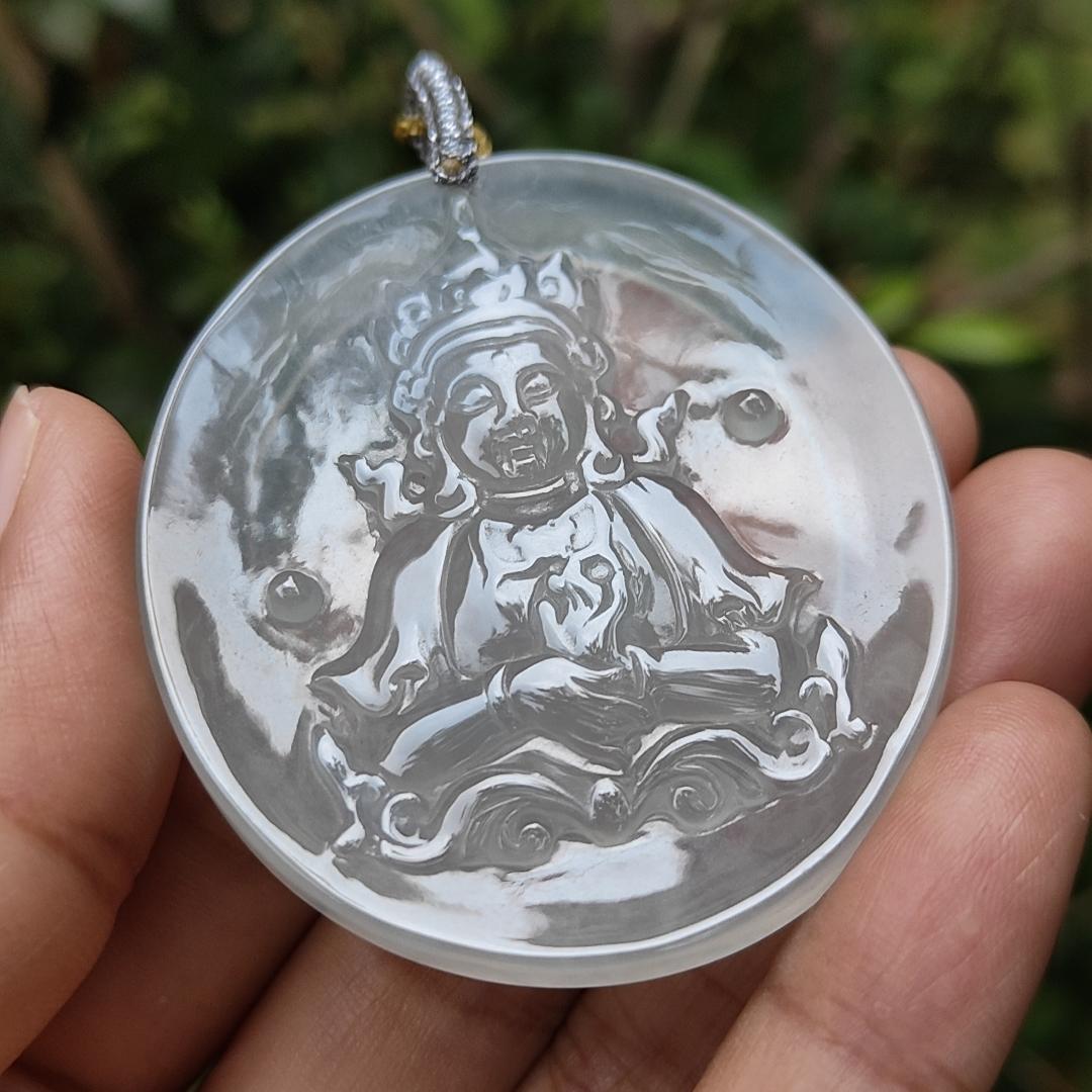 Super Rare ~ Old Collection #2 ~ Crafted as Guanyin Pendant on High Translucent Natural Type A Jadeite Jade certificate weighs 24.35 grams, measurement 52.3 * 46.3 * 4.3 mm (pendant363)