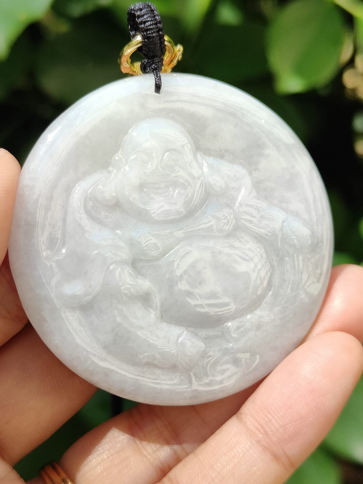 Natural Jadeite Jade Laughing Buddha Pendant with Certificate – Light Green & Lavender Hue (Sku: pendant453)