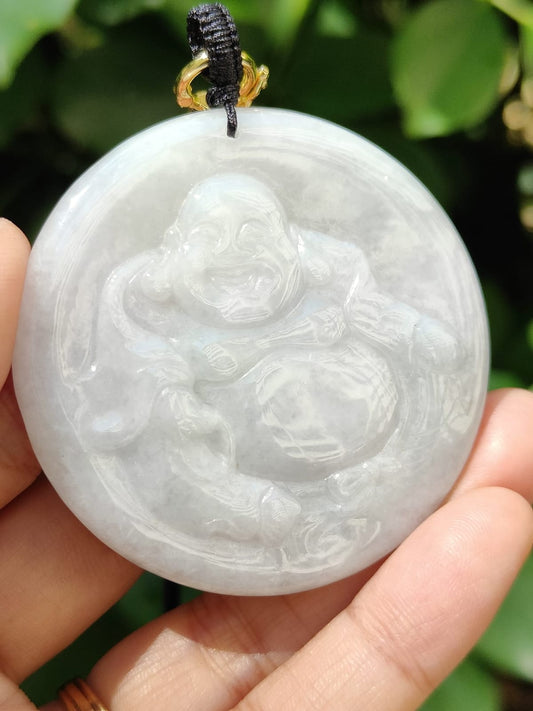 Natural Jadeite Jade Laughing Buddha Pendant with Certificate – Light Green & Lavender Hue (Sku: pendant453)