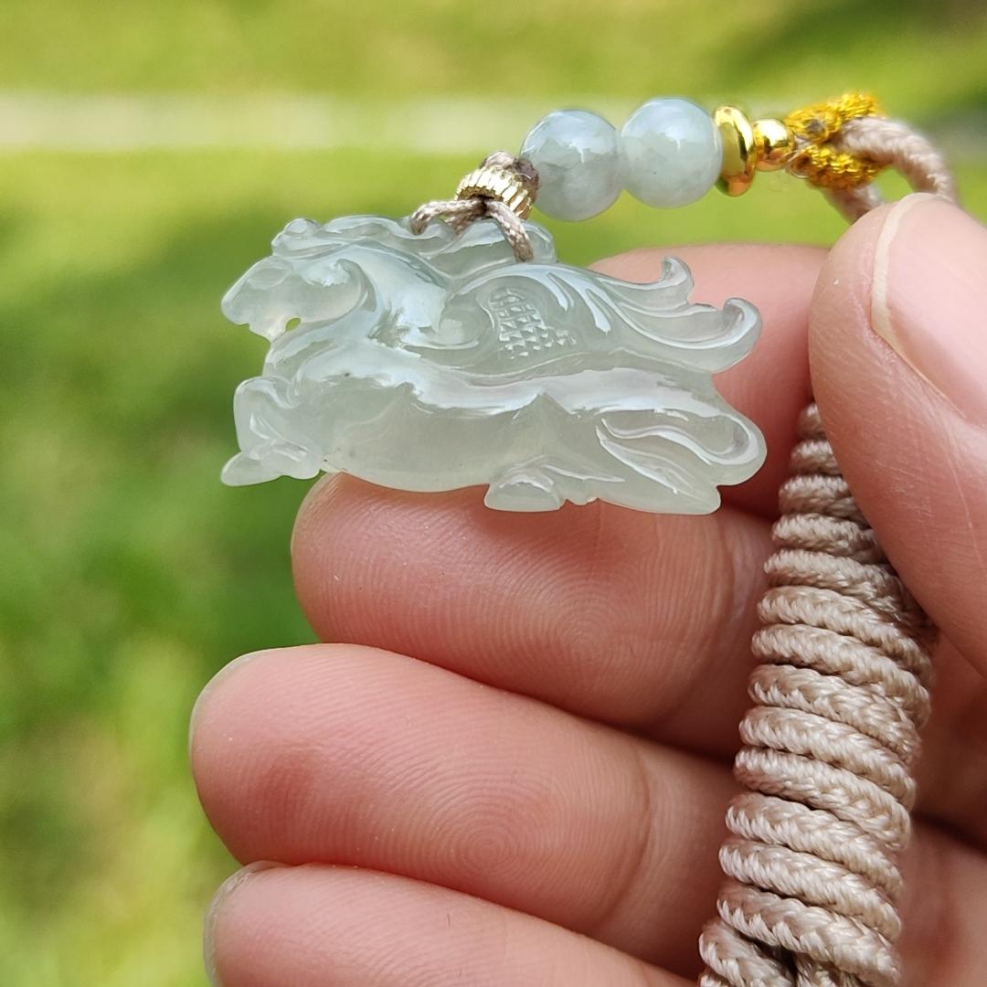 Icy with light green base Natural Type A Jadeite Pendant Necklace crafted as Flying Horse symbols of Good luck is coming soon, Longma spirit with QIC approved certificate weigh 4.55 grams, 15.6 * 28 * 6.3 mm (pendant65) Yi Pin Qian