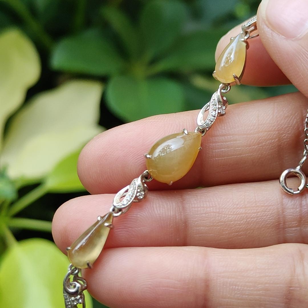 Excellent Yellow Cabochons Semi to Icy Translucent Quality Natural Type A Jadeite Jade as Bracelet set on S925, certificate weighs 3.95 grams, measurement see descriptions(s925b2) Yi Pin Qian
