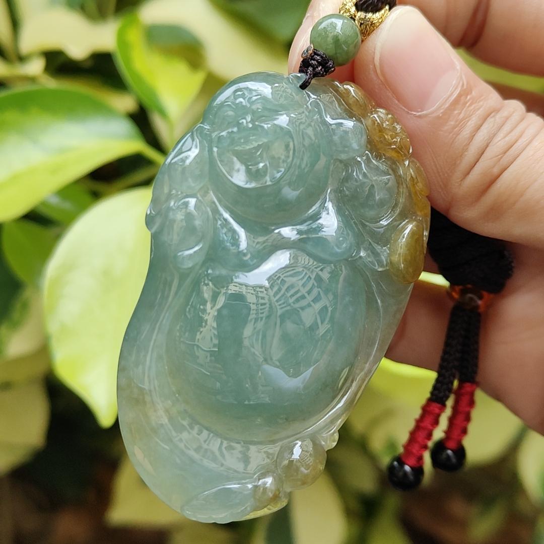 New Arrival Singapore - High Quality Green with Yellow Crafted as Milo Buddha on Natural Type A Jadeite Jade as Pendant with certificate weighs 41.79 grams, measurement 63.2 * 39.9 * 10.7 mm (pendant323) Yi Pin Qian Jadeites Jade Jewelry ~Your Precious Quintessential ~ Singapore