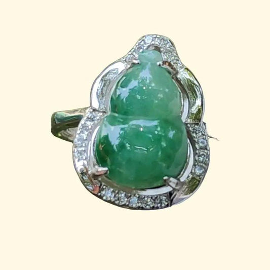 Good Quality Spicy Green Natural Type A Jadeite Jade crafted with shape of Gourd set on S925 as adjustable Ring, certificate weighs 2.52 grams, measurement 12.2 * 8.8 * 3.2 mm (s925ring14) Yi Pin Qian