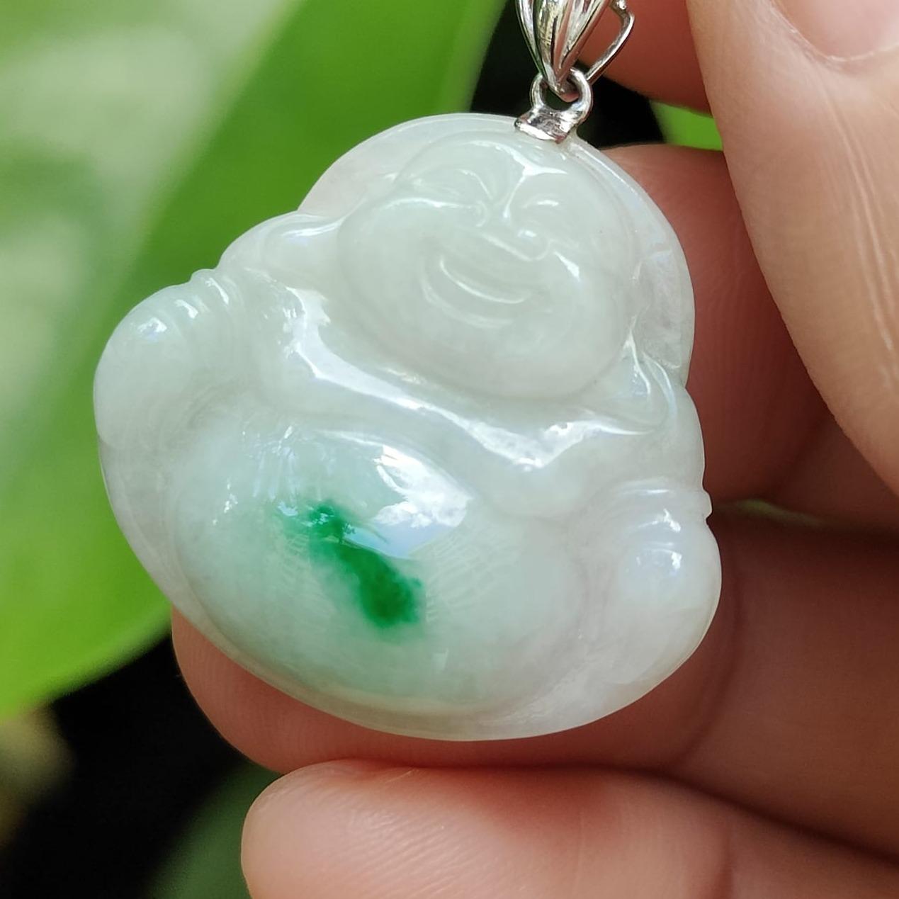 18k Gold Crasp added for Pendant crafted as Milo Buddha with Green Patch Natural Type A Jadeite Jade, certificate weighs 5.01 grams, measurement 24.3 * 25.8 * 5.8 mm (18kp73) Yi Pin Qian Jadeites Jade Jewelry ~Your Precious Quintessential ~ Singapore