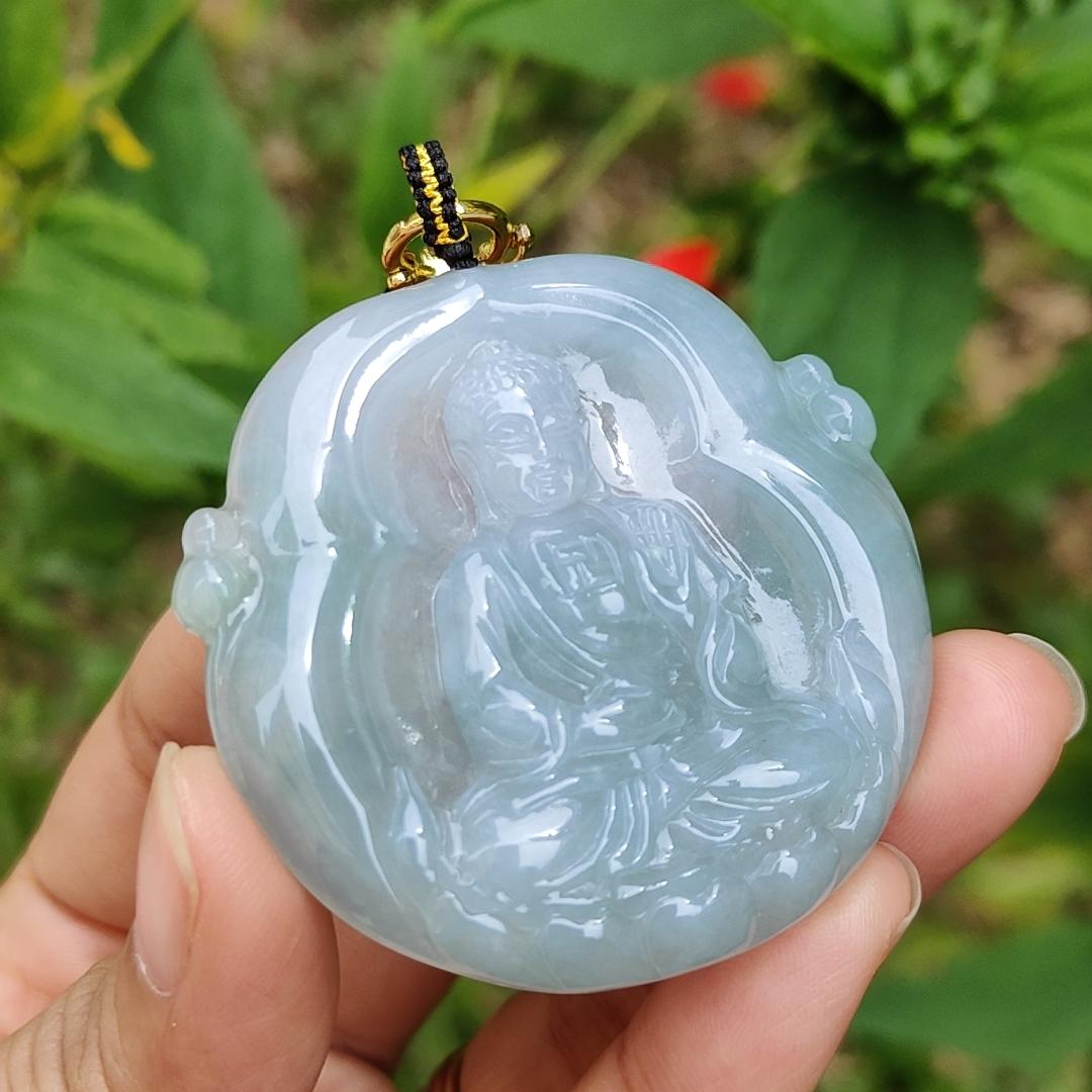 Semi Icy Bluish Green Hue Natural Type A Jadeite Pendant Crafted as Buddha with certificate included weigh 26.65 grams, 48.3 * 48.9 * 7 mm, suitable for daily wear Yi Pin Qian