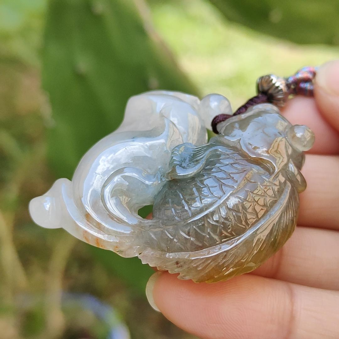 Round Sculpture Natural Type A Jadeite Pendant Necklace crafted as goldfish with light green and brown, symbols of Rich and auspicious, certificate included weigh 27.45 grams, 37.3 * 41.7 * 11.3 mm, very unique and rare for your collections (pendant33) Yi Pin Qian