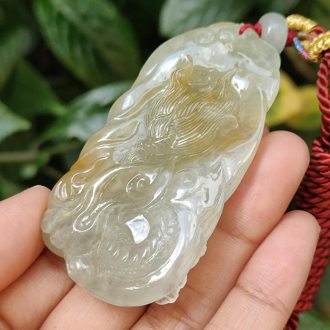 Premium Quality Yellow Natural Type A Jadeite Jade crafted with Dragon as Pendant, certificate weighs 53.72 grams, measurement 67.3 * 37.5 * 12.9 mm (pendant240) Yi Pin Qian