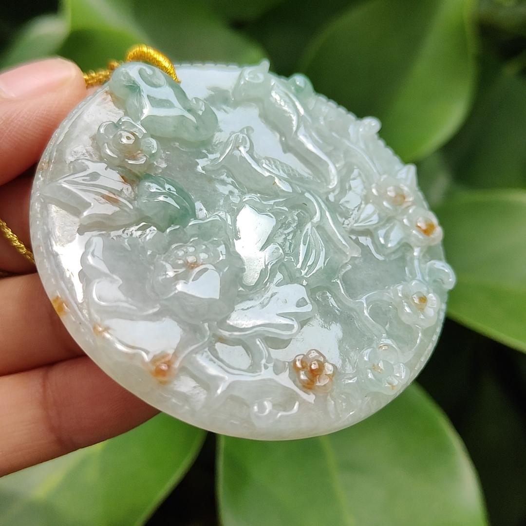 Crafted with Flowers and Birds on Light Green Hue with Green and Golden Yellow Patches Natural Type A Jadeite Jade as Pendant, certificate weighs 39.24 grams, measurement 56.3 * 56.3 * 7.2 mm (pendant307) Yi Pin Qian Jadeites Jade Jewelry ~Your Precious Quintessential ~ Singapore