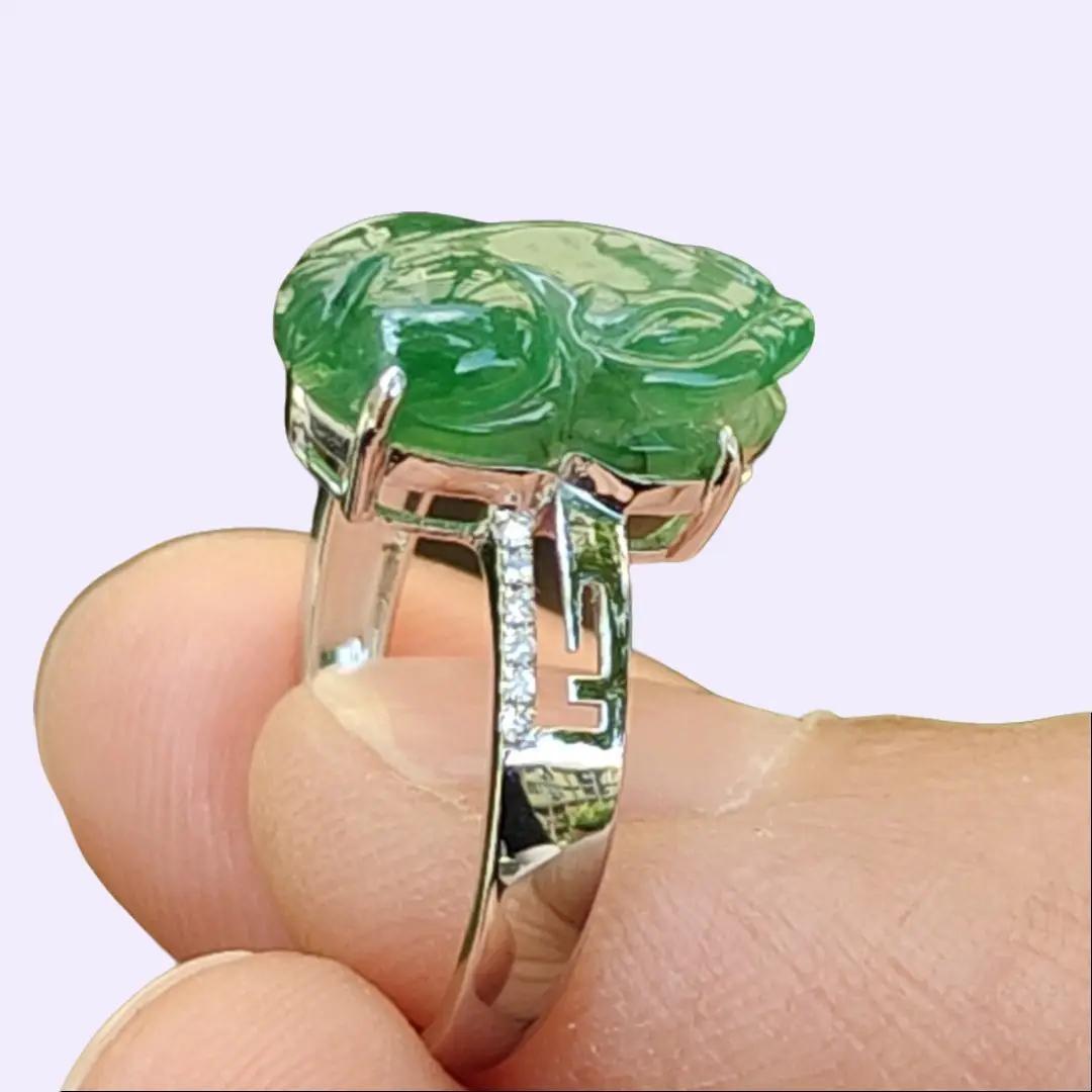 Green Pixiu measurement 13.2 * 7.9 * 4.5 mm Natural Type A Jadeite Jade set with 18k as Ring - Finger Size with diameter = 16.2mm (18kring42) Yi Pin Qian Jadeites Jade Jewelry ~Your Precious Quintessential ~ Singapore
