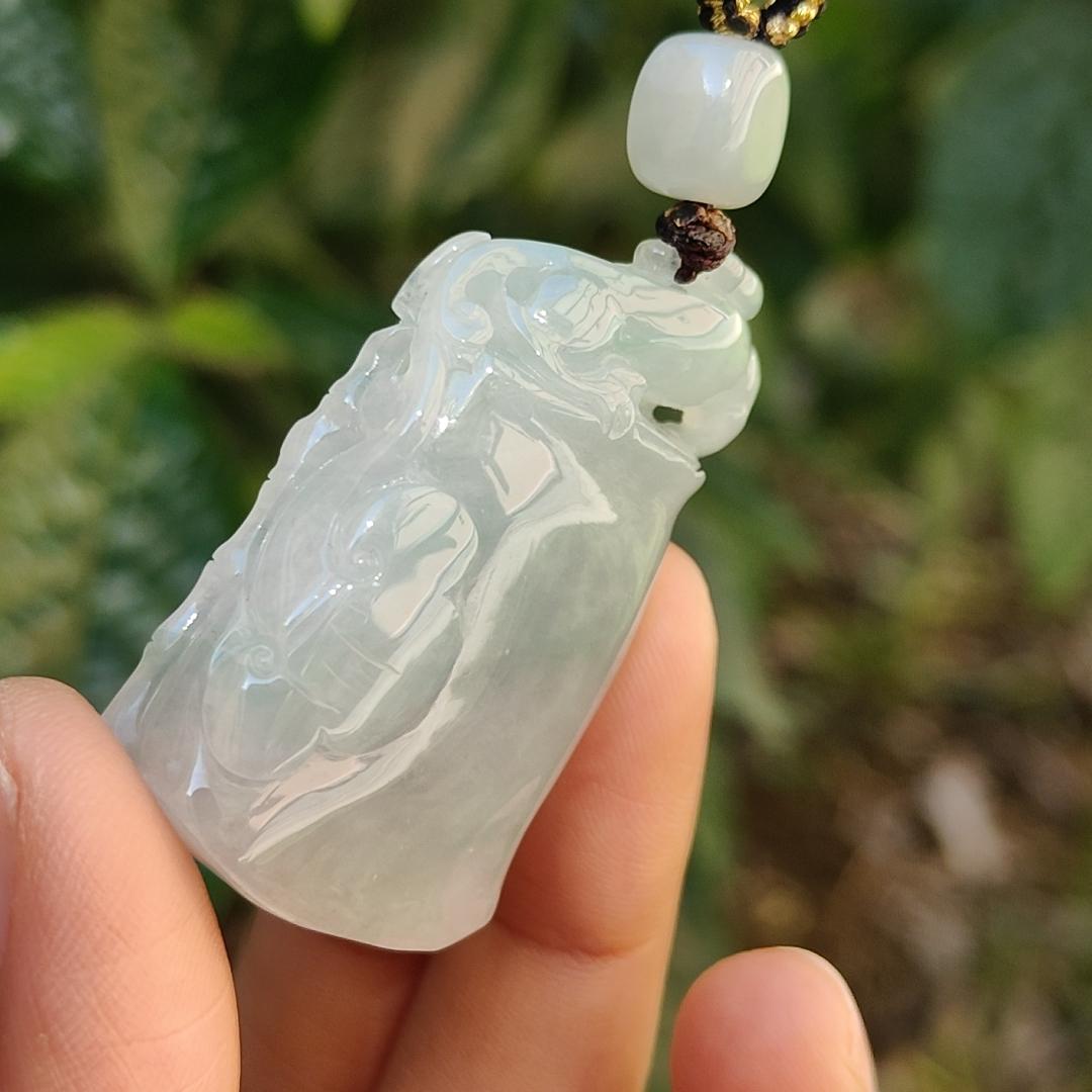 Crafted as Bamboo with Pixiu on it, Light Green patches Natural Type A Jadeite Jade Pendant Necklace with certificate weigh 24.54 grams, measurement 41.3 * 24.6 * 11.7 mm (pendant177) Yi Pin Qian