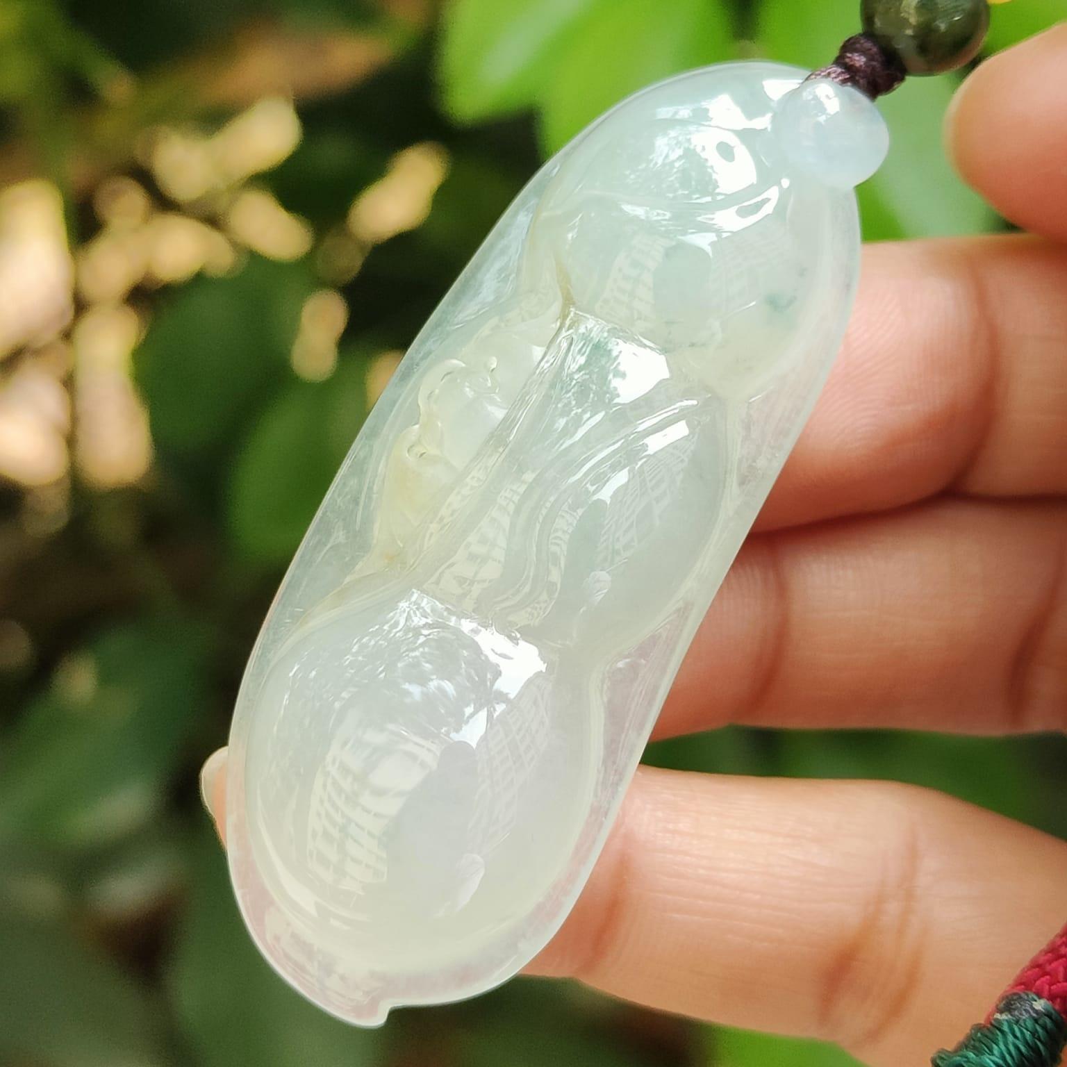 Bean with bat pendant crafted on Icy Translucent Natural Type A Jadeite Jade, certificate weighs 23.26 grams, measurement 56.3 * 22 * 10.7 mm (pendant394) Yi Pin Qian Jadeites Jade Jewelry ~Your Precious Quintessential ~ Singapore
