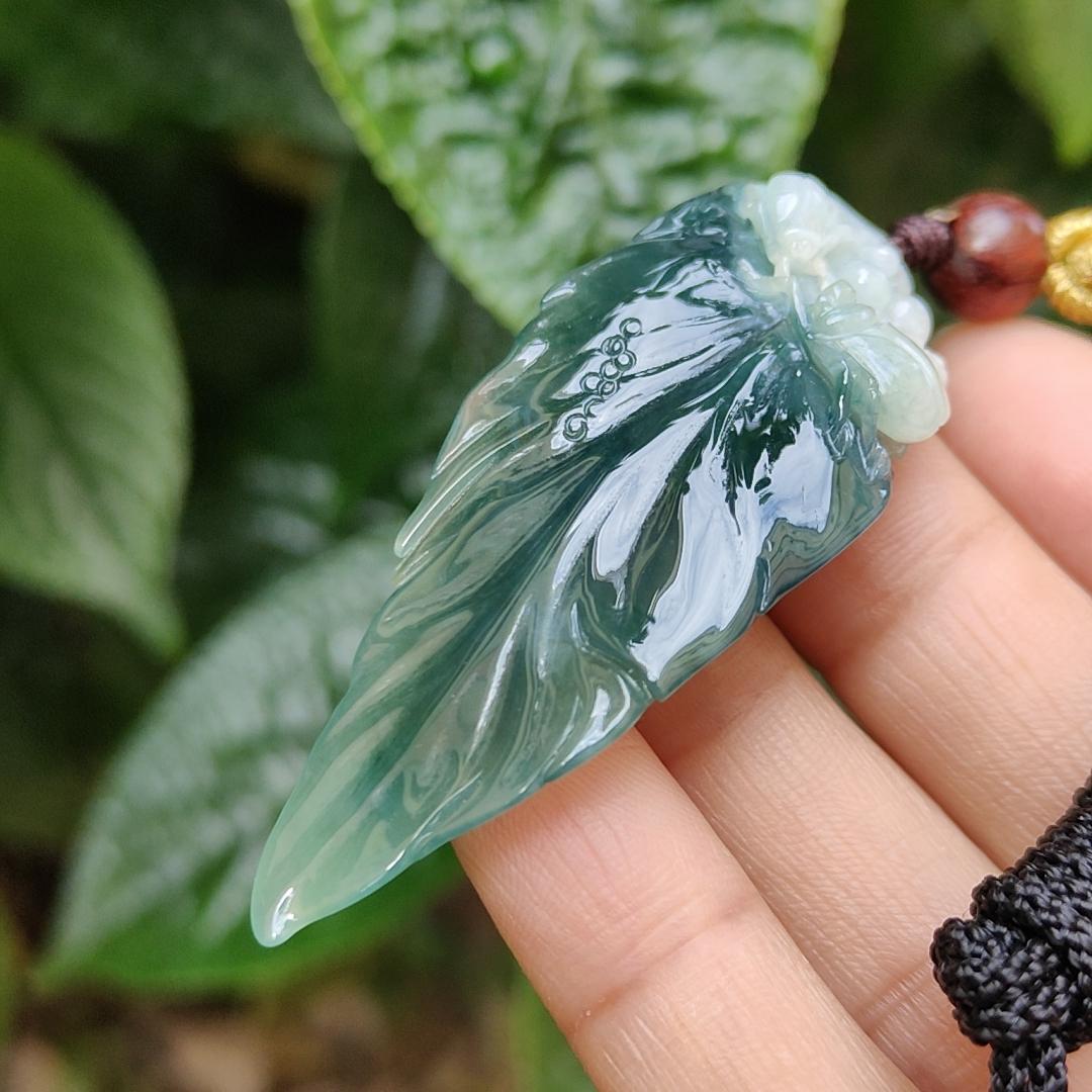 Bluish Dark Green Premium Quality Natural Type A Jadeite Pendant Necklace crafted as leaf with certificate weigh 12.98 grams, 57.7 * 24 * 8 mm, symbols of Great success and rising step by step, career is going smoothly (pendant164) Yi Pin Qian