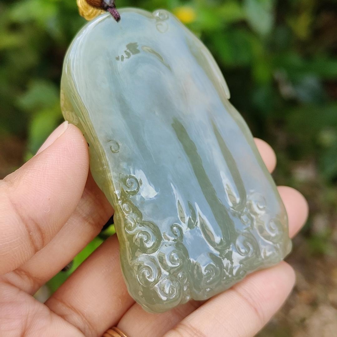 King of the inferno Special Premium Natural Type A Jadeite with Light Green and Yellow come with certificate weight 76.35 grams, 69.50 * 44.30 * 12 mm, very fine translucent rare jadeite pendant for collection (pendant98) Yi Pin Qian