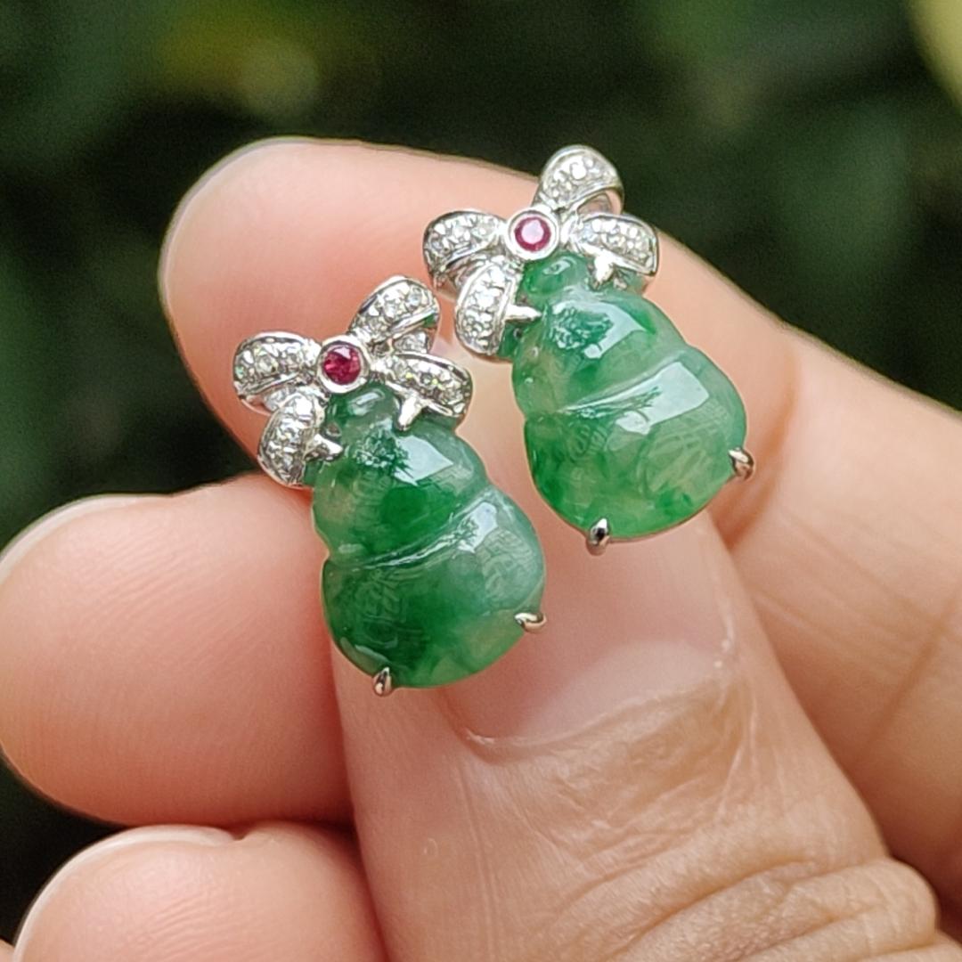 High Quality Light Green with Green Patches crafted as one pair of Gourd on Natural Type A Jadeite Jade as Stud Earrings Certificate weighs 2.38 grams (18k01) Yi Pin Qian Jadeites Jade Jewelry ~Your Precious Quintessential ~ Singapore
