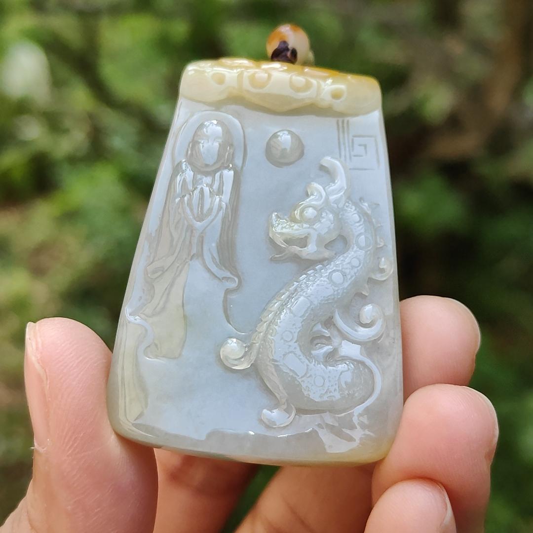 Rare Yellow and white Glutinous Natural Type A Jadeite Pendant Necklace crafted with faceless buddha and dragon olc school style with certificate weigh 37.61 grams, 51 * 33.2 * 10 mm (pendant101) Yi Pin Qian