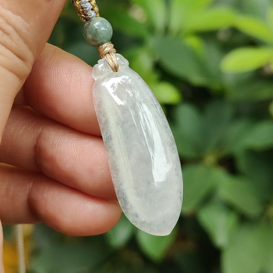 Icy Translucent Natural Burmese Jadeite Jade Crafted as Fuku Melon Pendant with light green hue, certificate weighs 4.82 grams, measurement 36.9 * 13.8 * 5.6 mm (pendant316) Yi Pin Qian Jadeites Jade Jewelry ~Your Precious Quintessential ~ Singapore