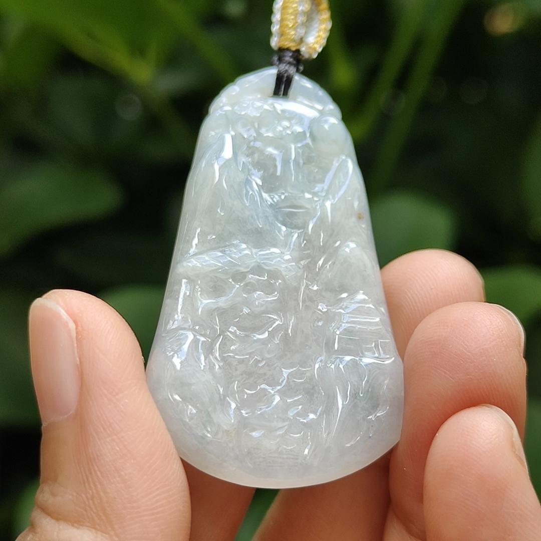 Latest Added SG Seller - Crafted as Scenery on Natural Type A Jadeite Jade, White with Light Green Hue as Pendant, certificate weighs 11.07 grams, measurement 48.3 * 27.9 * 4.8 mm (pendant331) Yi Pin Qian Jadeites Jade Jewelry ~Your Precious Quintessential ~ Singapore