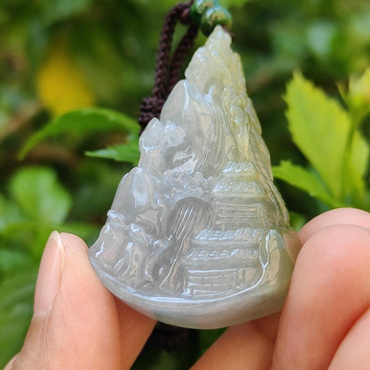 Very Unique and Rare Light Purple with Yellow Natural Type A Jadeite Pendant Crafted with waterfall, moutain, houses and coconut trees, symbols of money, power of life, Extend upwards with certificate weigh 31.55 grams, 49 * 32.3 * 13.5 mm, (pendant70) Yi Pin Qian