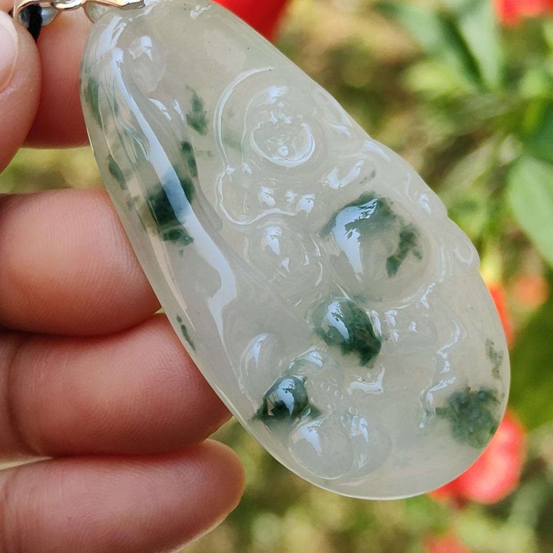 Special Sales - Rare Green Patches White with Yellow Hue Natural Type A Jadeite Jade crafter with Milo Buddha as Pendant, certificate weigh 17.2 grams, measurement 54.2 * 30.5 * 5.9 mm (pendant214) Yi Pin Qian