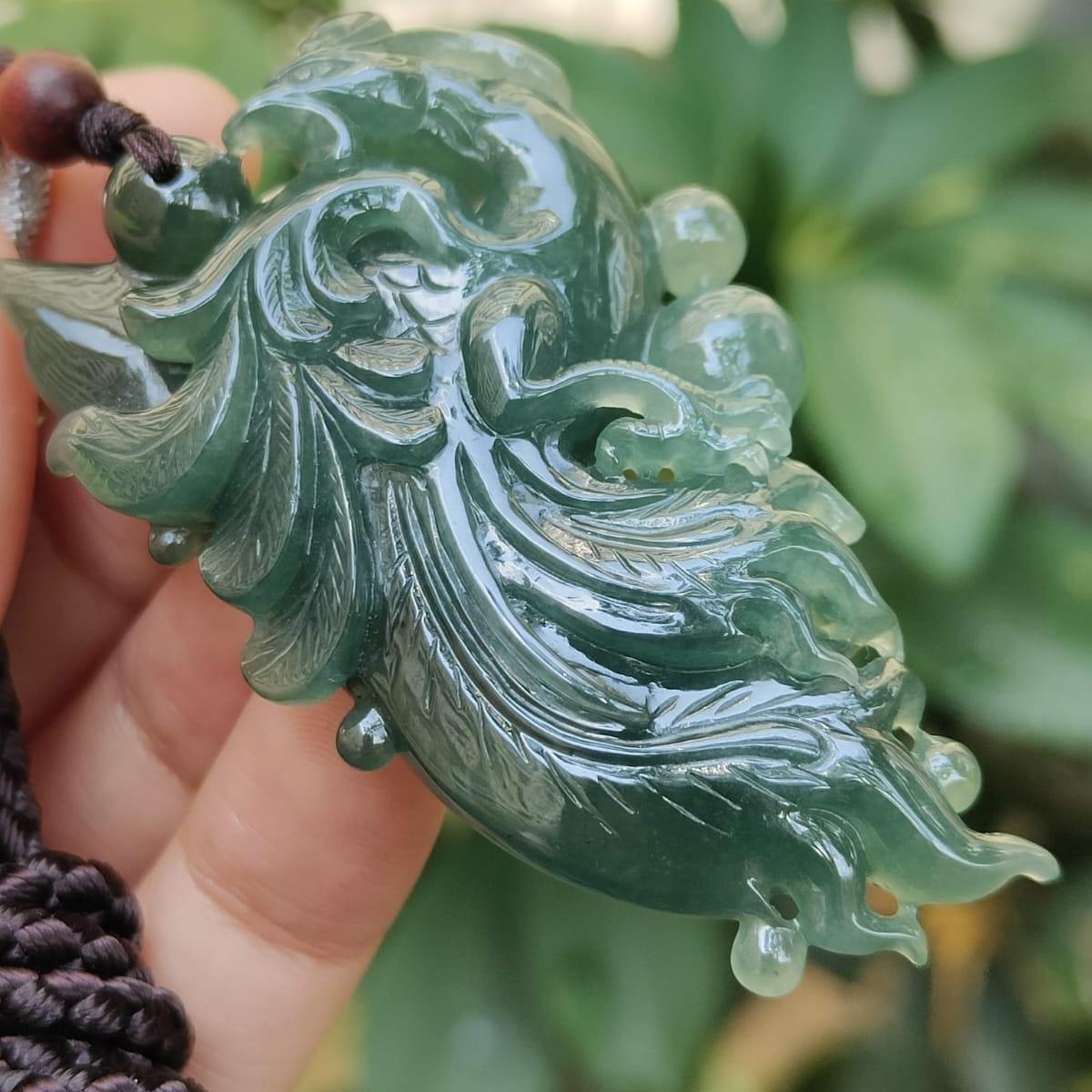 Green High Quality Natural Type A Jadeite Jade New arrival crafted as Phoenix, Pendant, certificate weighs 32.81 grams, measurement 58.6 * 34.5 * 12.3 mm (pendant326) Yi Pin Qian Jadeites Jade Jewelry ~Your Precious Quintessential ~ Singapore