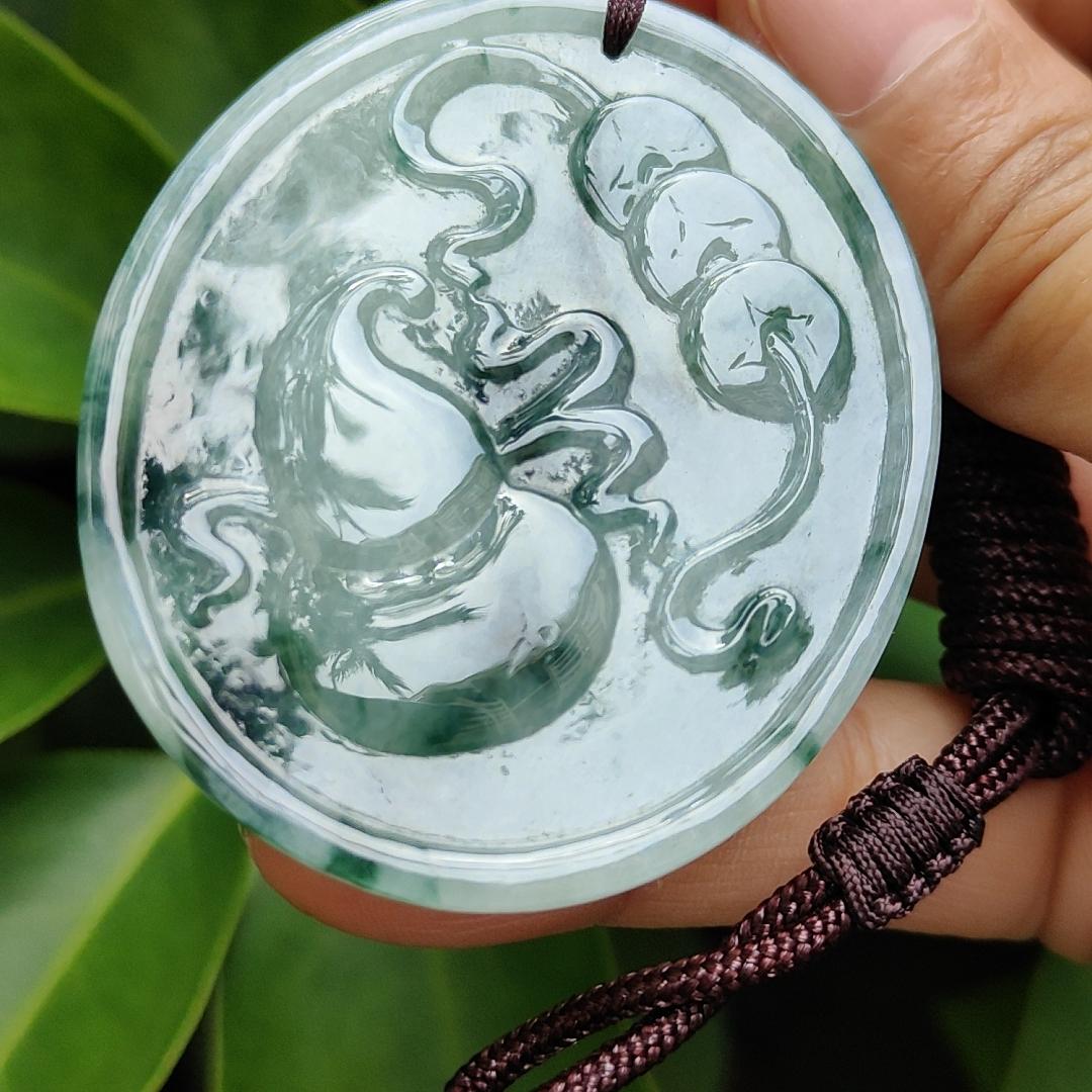 A High-Quality Type-A Natural Jadeite-Jade crafted with Pixiu, Coins, Gourd as Pendant with certificate weighs 36.46 grams, measurement 53.9 * 46.2 * 7.5 mm (pendant300) Yi Pin Qian Jadeites Jade Jewelry ~Your Precious Quintessential ~ Singapore
